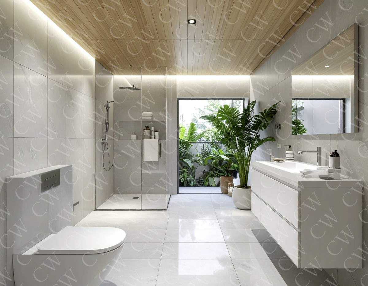 Modernes, helles Badezimmer mit großer Dusche, weißen Fliesen und Zimmerpflanzen.