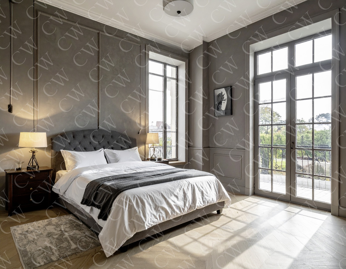 Helles, modernes Schlafzimmer mit Doppelbett, Nachttischen und großen Fenstern.