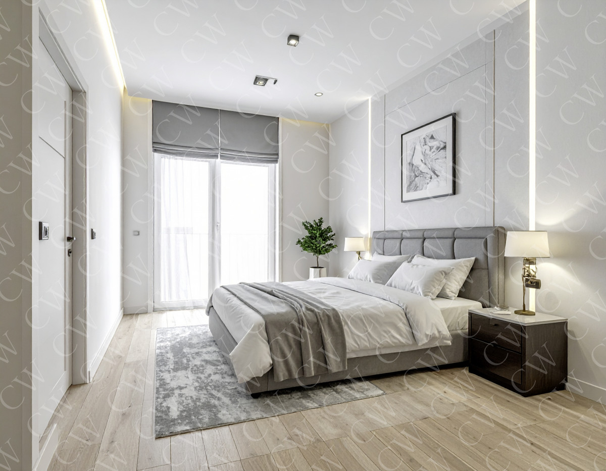 Helles, modernes Schlafzimmer mit grauem Bett, Nachttischen und großen Fenstern.