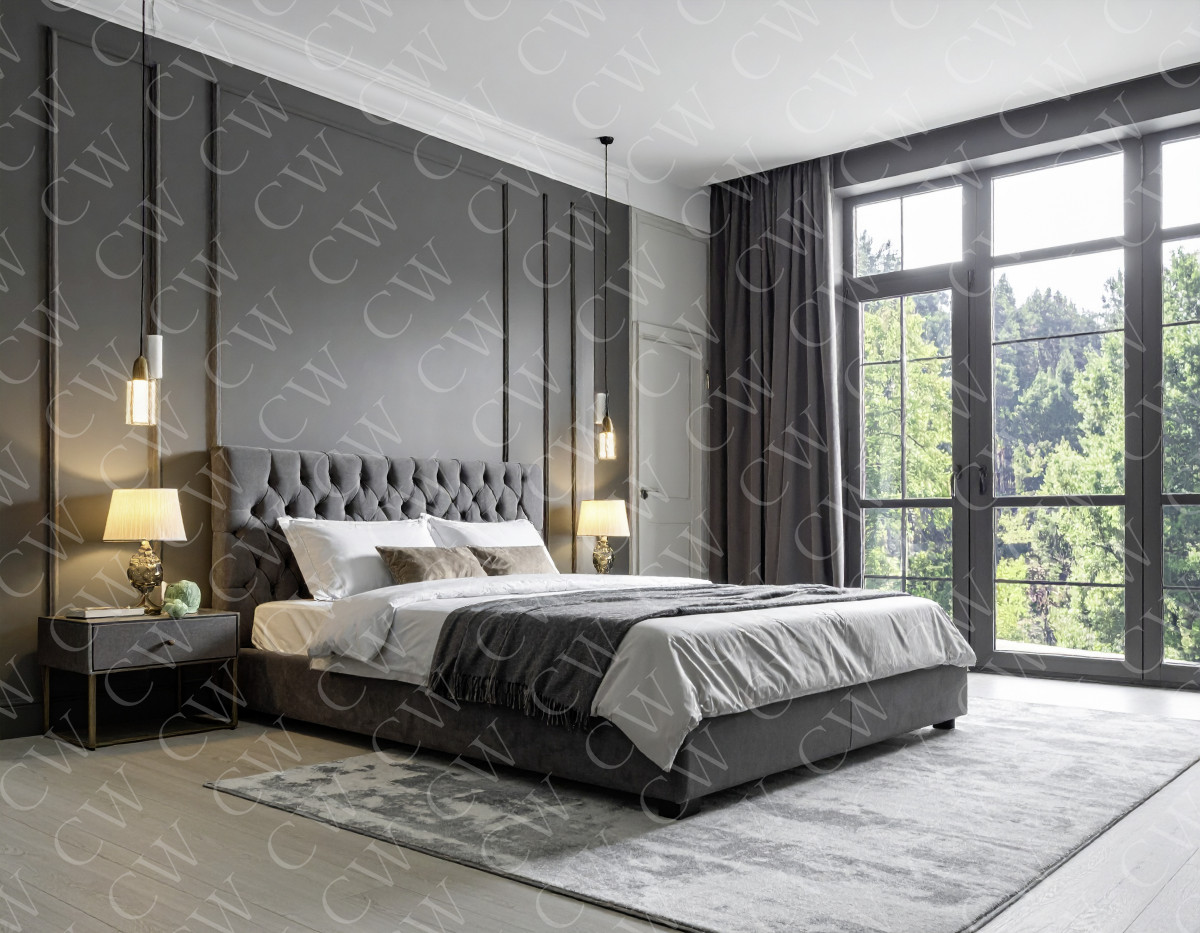 Modern eingerichtetes Schlafzimmer mit grauen Wänden, großem Bett und bodentiefen Fenstern.