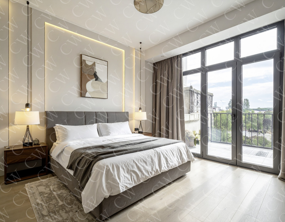 Helles, modernes Schlafzimmer mit Doppelbett, Nachttischen und bodentiefen Fenstern.