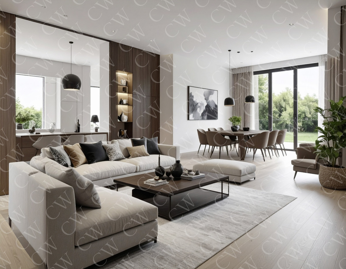 Helles, modernes Wohnzimmer mit Sofa, Esstisch, großen Fenstern und Holzdetails.