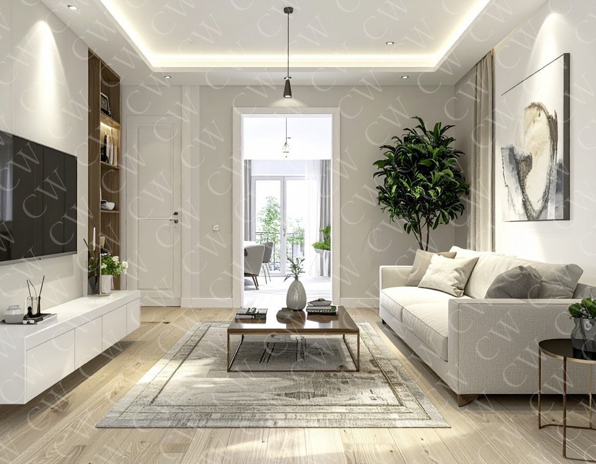 Helles, modern eingerichtetes Wohnzimmer mit Sofa, Couchtisch, TV und Zimmerpflanze.