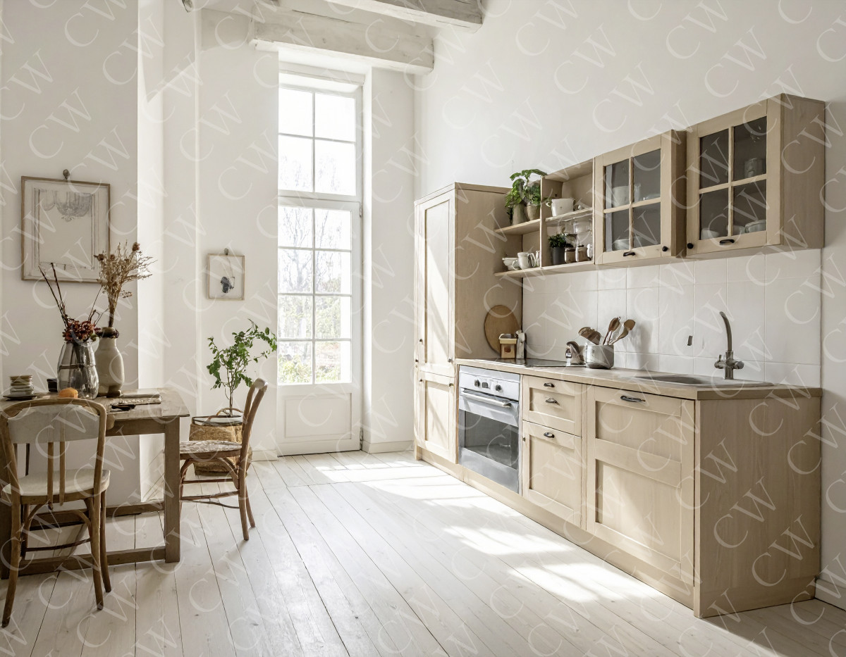 Lichtdurchflutete Küche mit Holzmöbeln, Esstisch und großem Fenster im skandinavischen Stil.