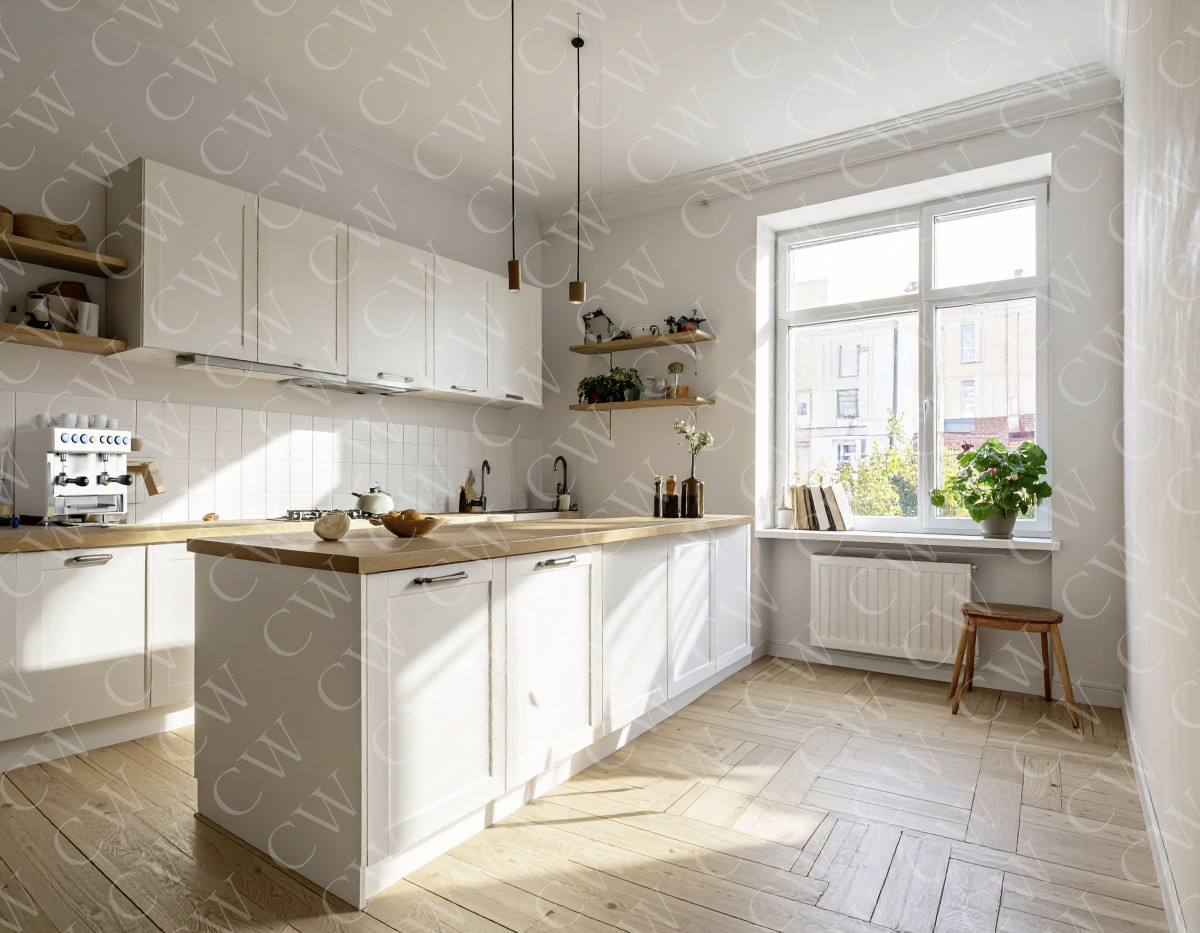 Moderne, helle Küche mit weißen Schränken, Holzboden und großer Fensterfront.