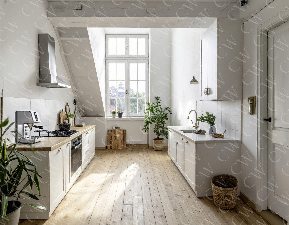 Lichtdurchflutete, weiße Küche mit Holzboden, Pflanzen und großen Fenstern.