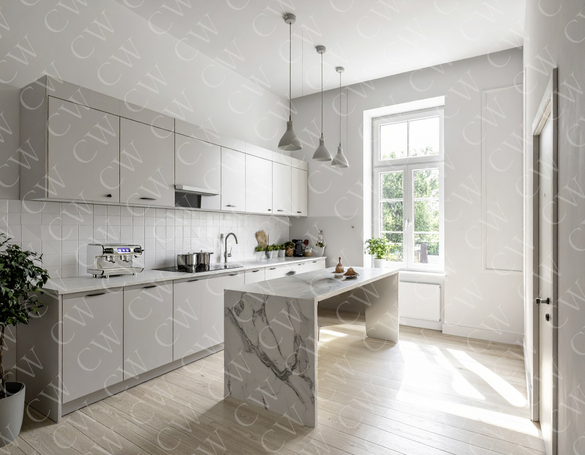 Moderne lichtdurchflutete Küche mit Marmorinsel, weißen Schränken und großen Fenstern.