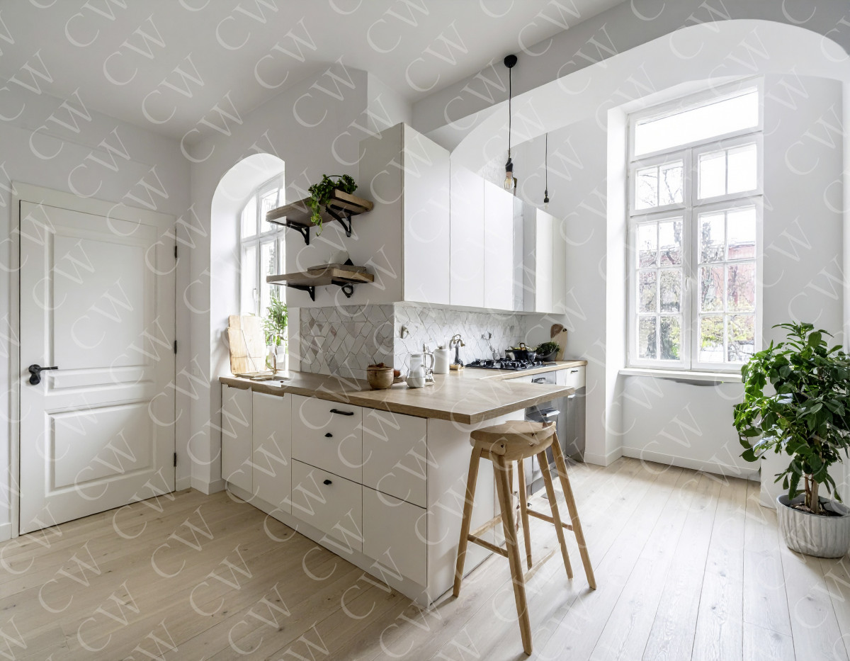 Helle, moderne Küche mit Holzelementen, großen Fenstern und grüner Pflanze.