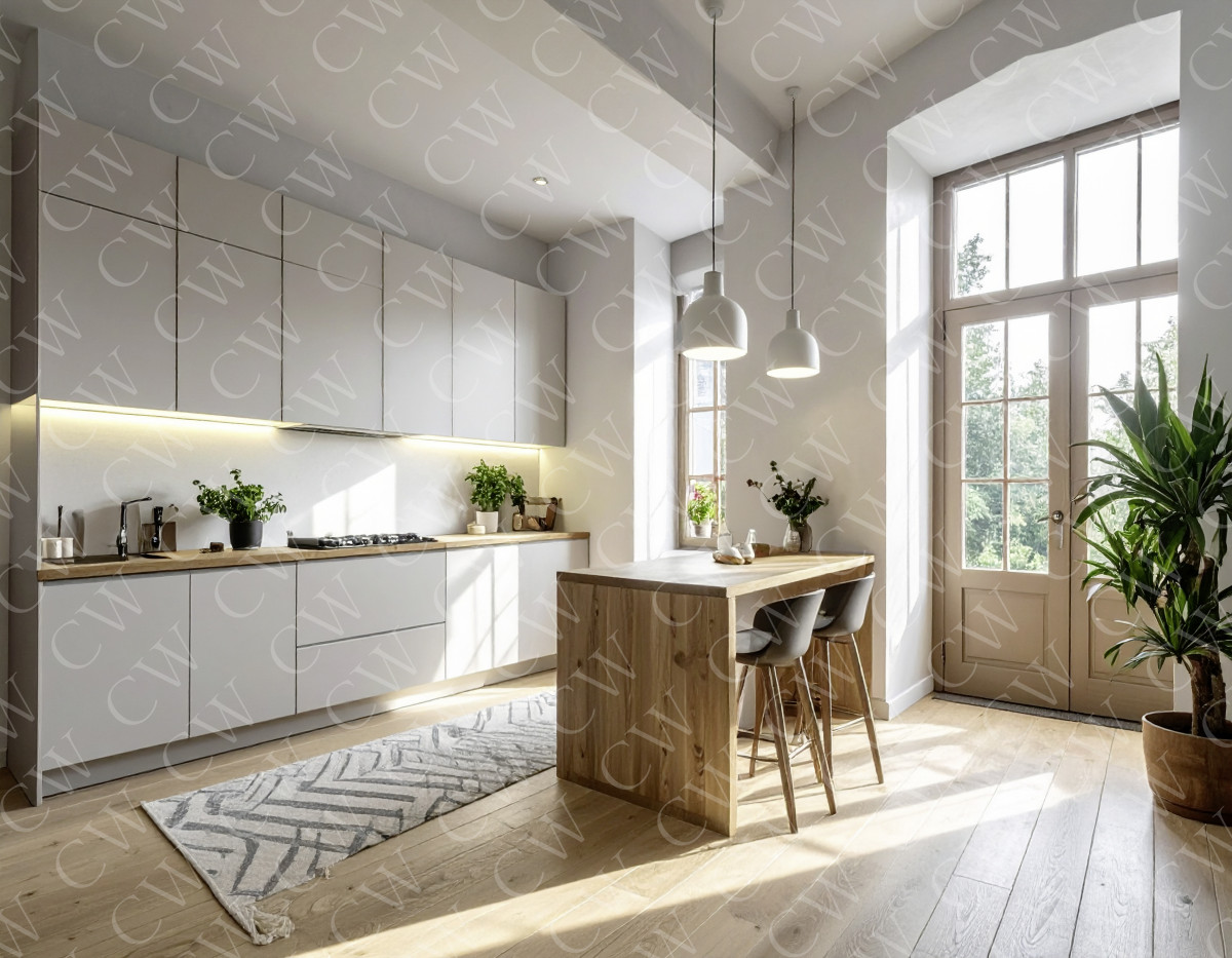 Helle, moderne Küche mit großer Fensterfront, Kochinsel und Holzboden.