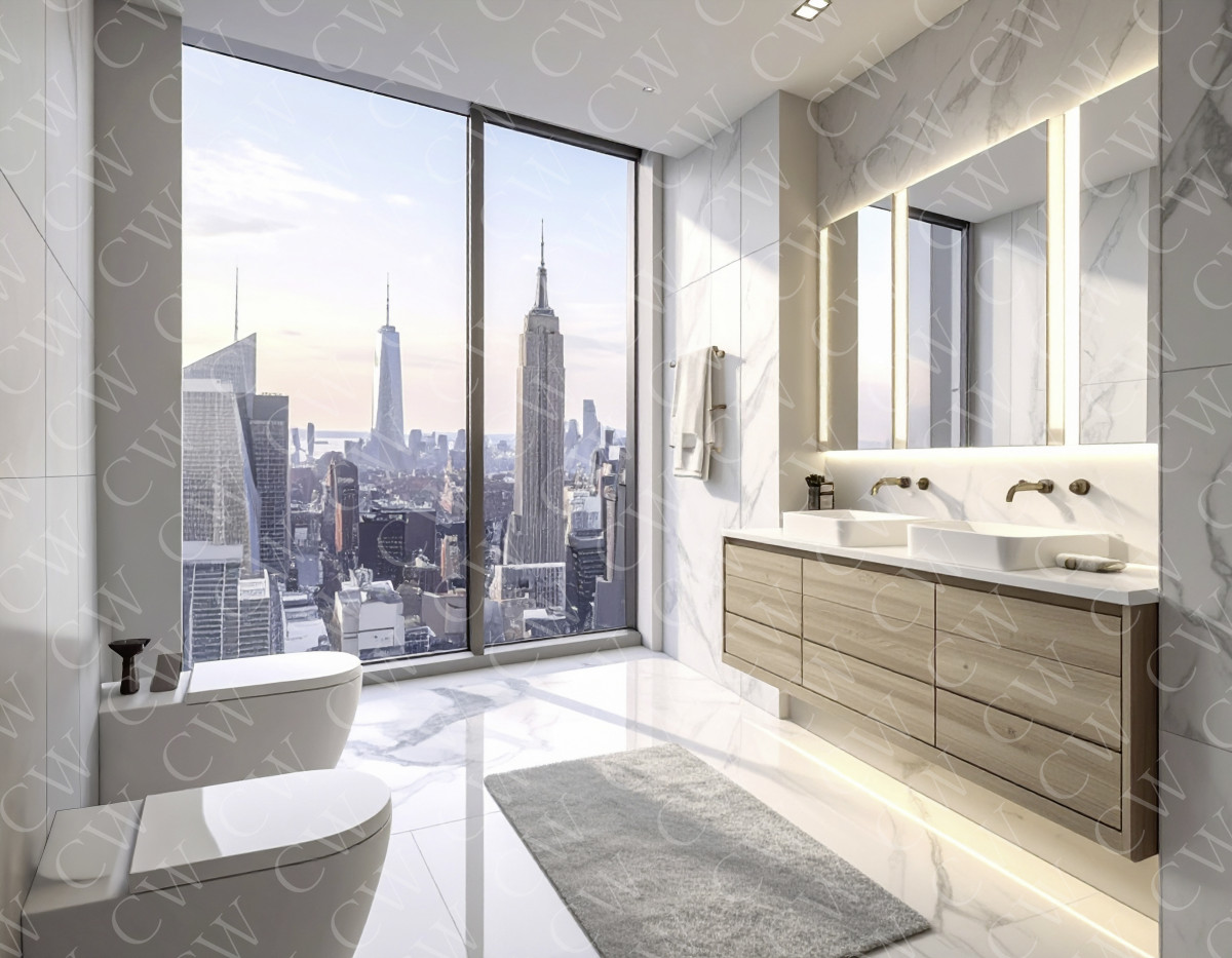 Modernes Badezimmer mit Marmorfliesen und Panoramablick auf die Skyline von New York.