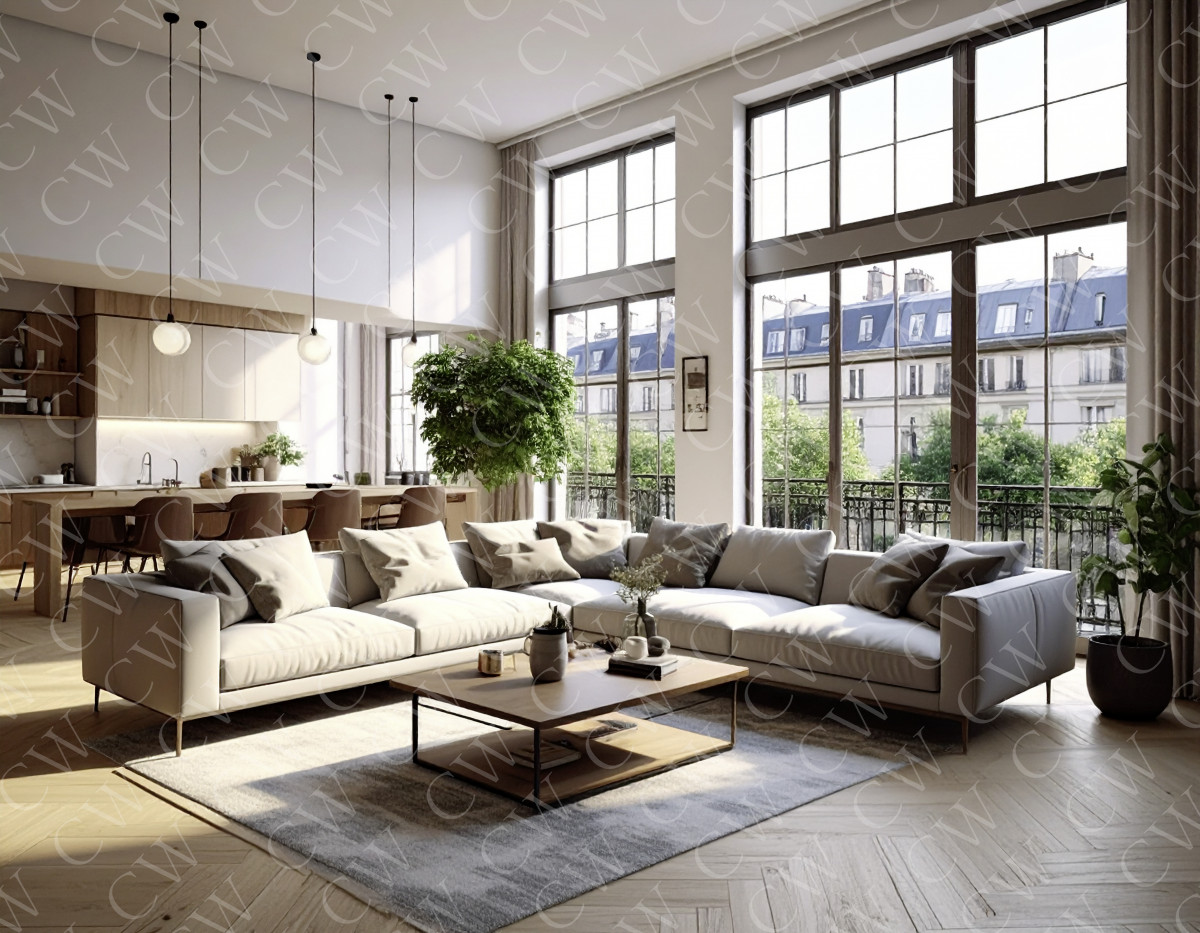 Geräumiges Wohnzimmer mit hellen Panoramafenstern, eleganter Einrichtung und offener Küche im Hintergrund.