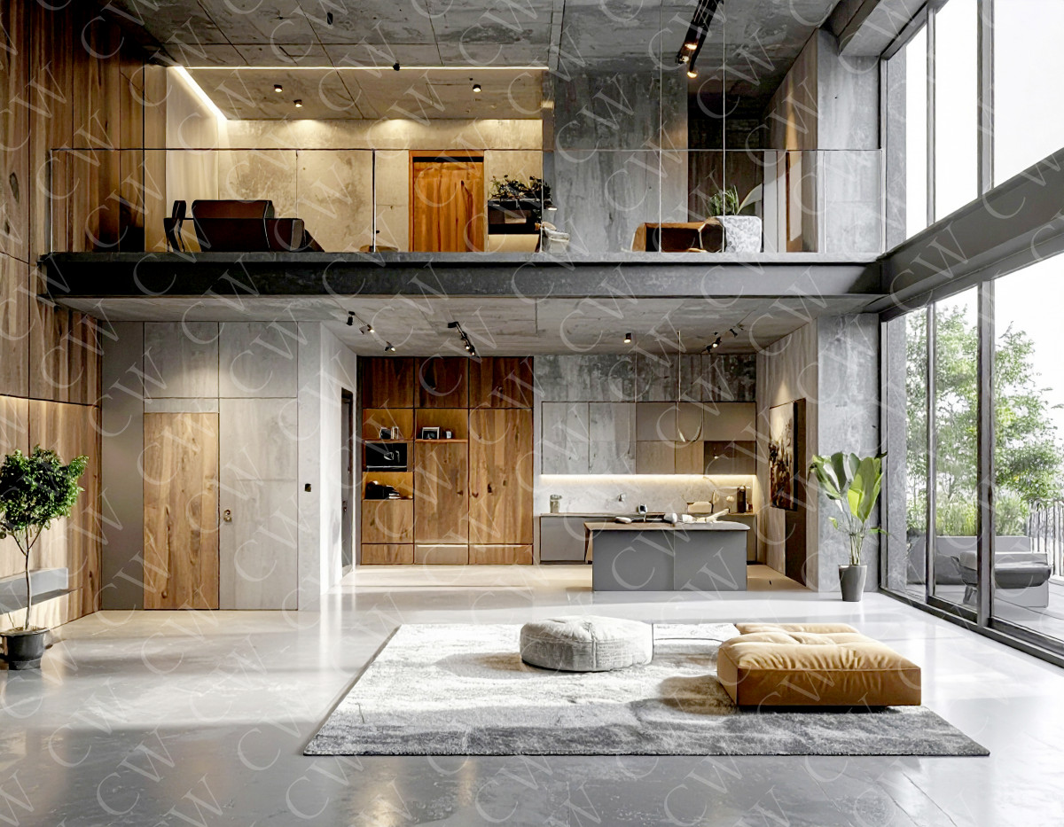 Helles Loft mit großer Fensterfront, moderner Küche, Holzwänden und Galerie-Etage.