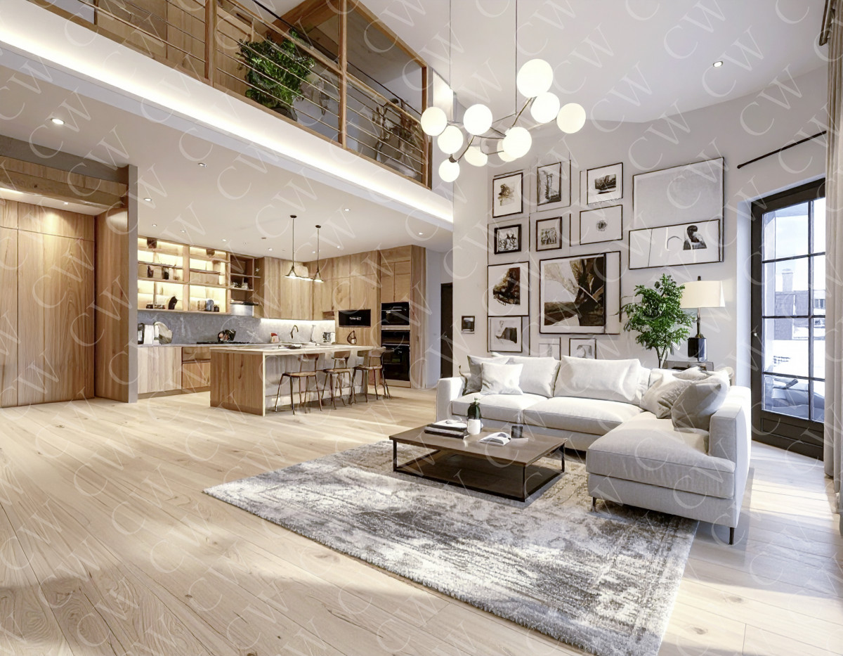 Helles Wohnzimmer mit Galerie, moderner Küche, Holzoptik und großer Couch.