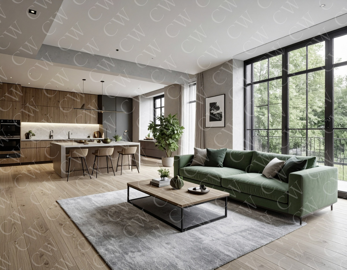 Helles Wohnzimmer mit grüner Couch, Holzboden, offener Küche und großen Fenstern.