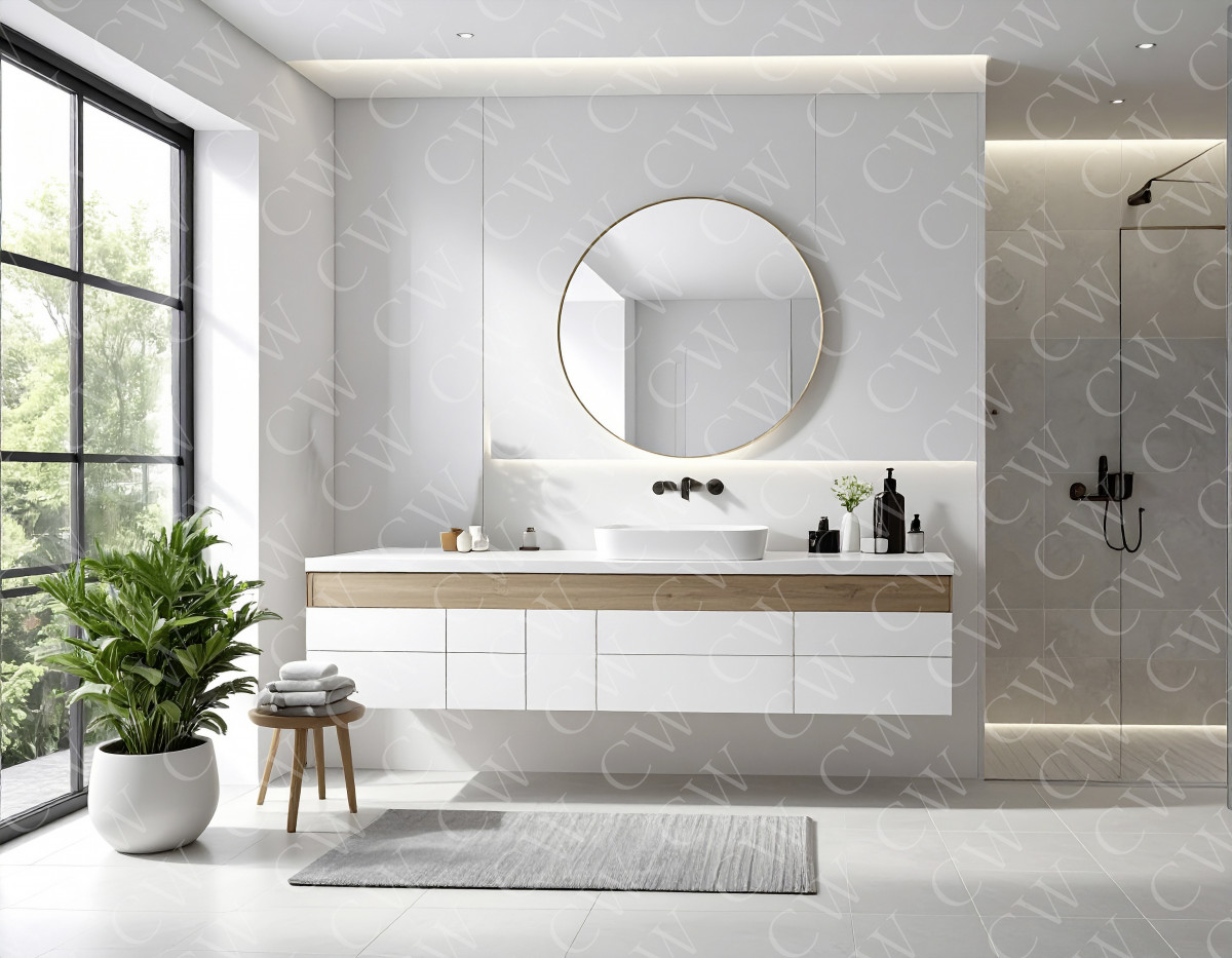 Helles, modernes Badezimmer mit rundem Spiegel, Waschbecken, Dusche und grüner Pflanze.