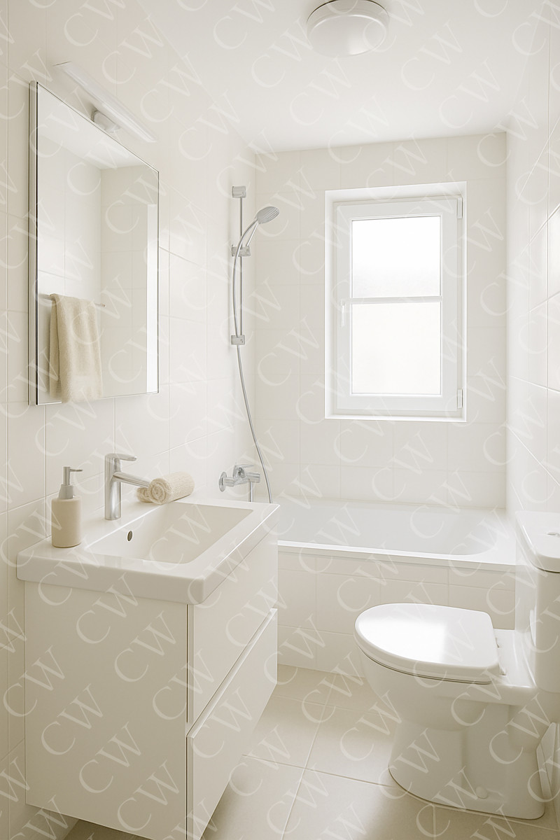 Modernes, kleines Badezimmer mit Badewanne, Fenster und hellen Fliesen.