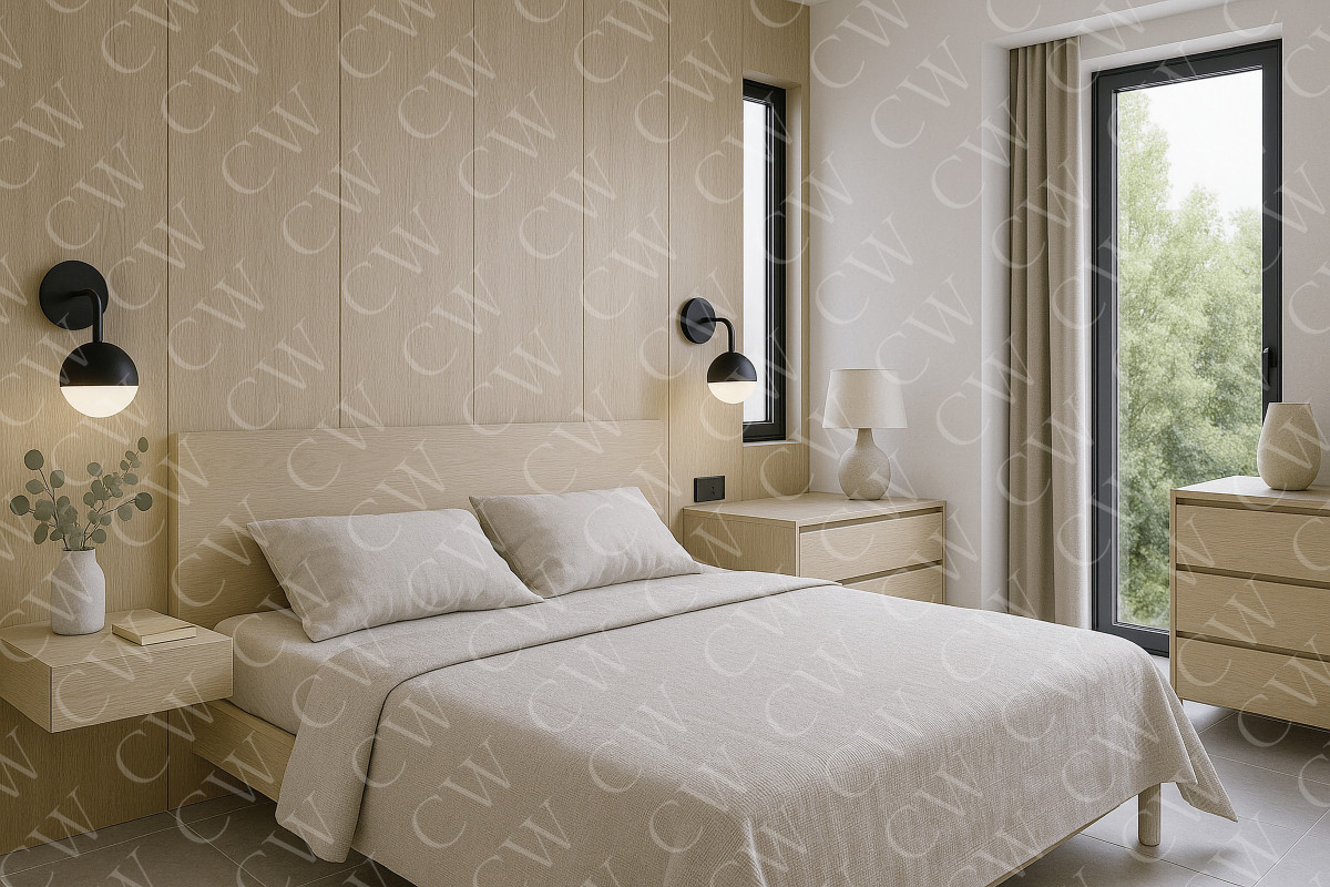 Helles, minimalistisches Schlafzimmer mit Holz-Möbeln, Doppelbett und großen Fenstern.