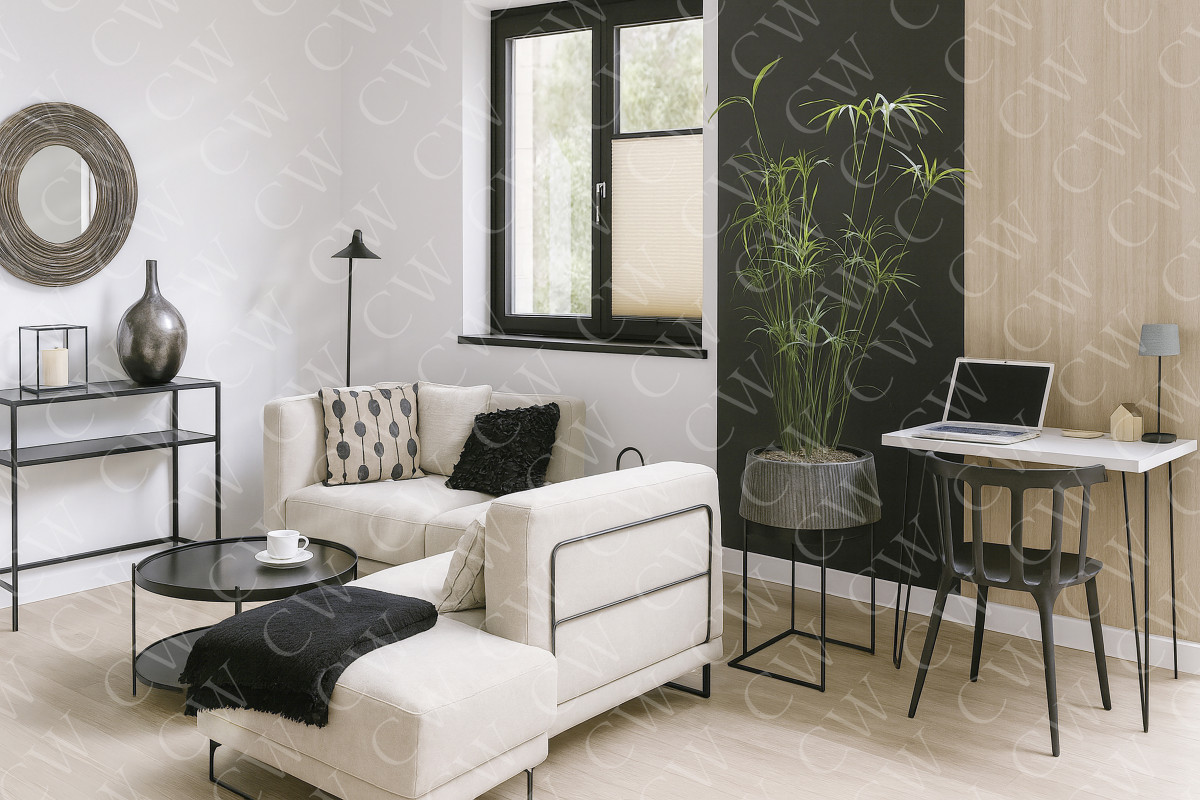 Modern eingerichtetes Wohnzimmer mit beige Sofa, schwarzem Tisch, Pflanze und Schreibtisch mit Laptop.