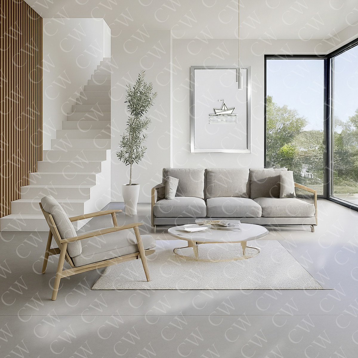 Modern eingerichtetes Wohnzimmer mit Sofa, Sessel, Couchtisch und großen Fenstern.