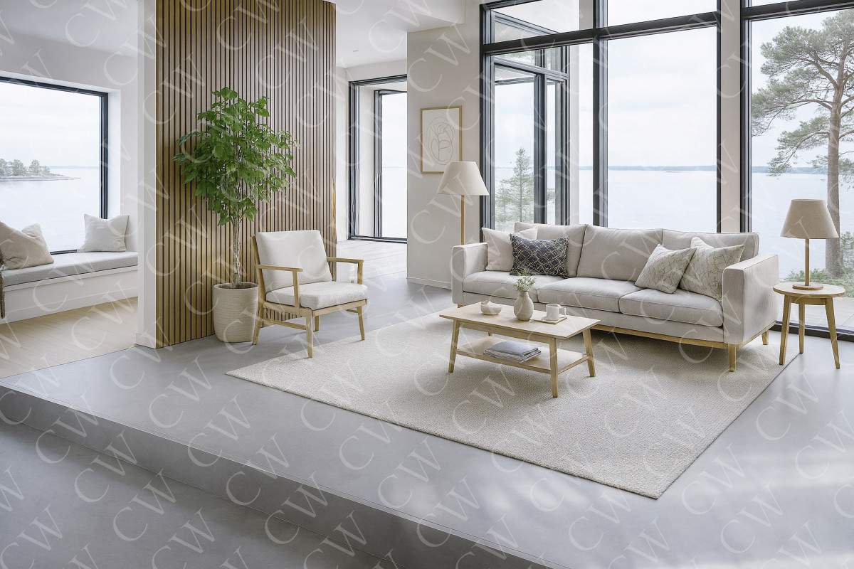 Helles Wohnzimmer im skandinavischen Stil mit Sofa, Sessel, Lampe und großem Fenster mit Seeblick.