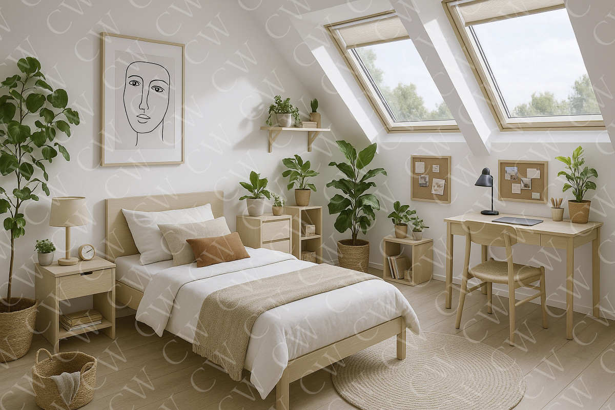 Helles Schlafzimmer mit Dachfenstern, Holzmöbeln, Pflanzen und minimalistischem Dekor.