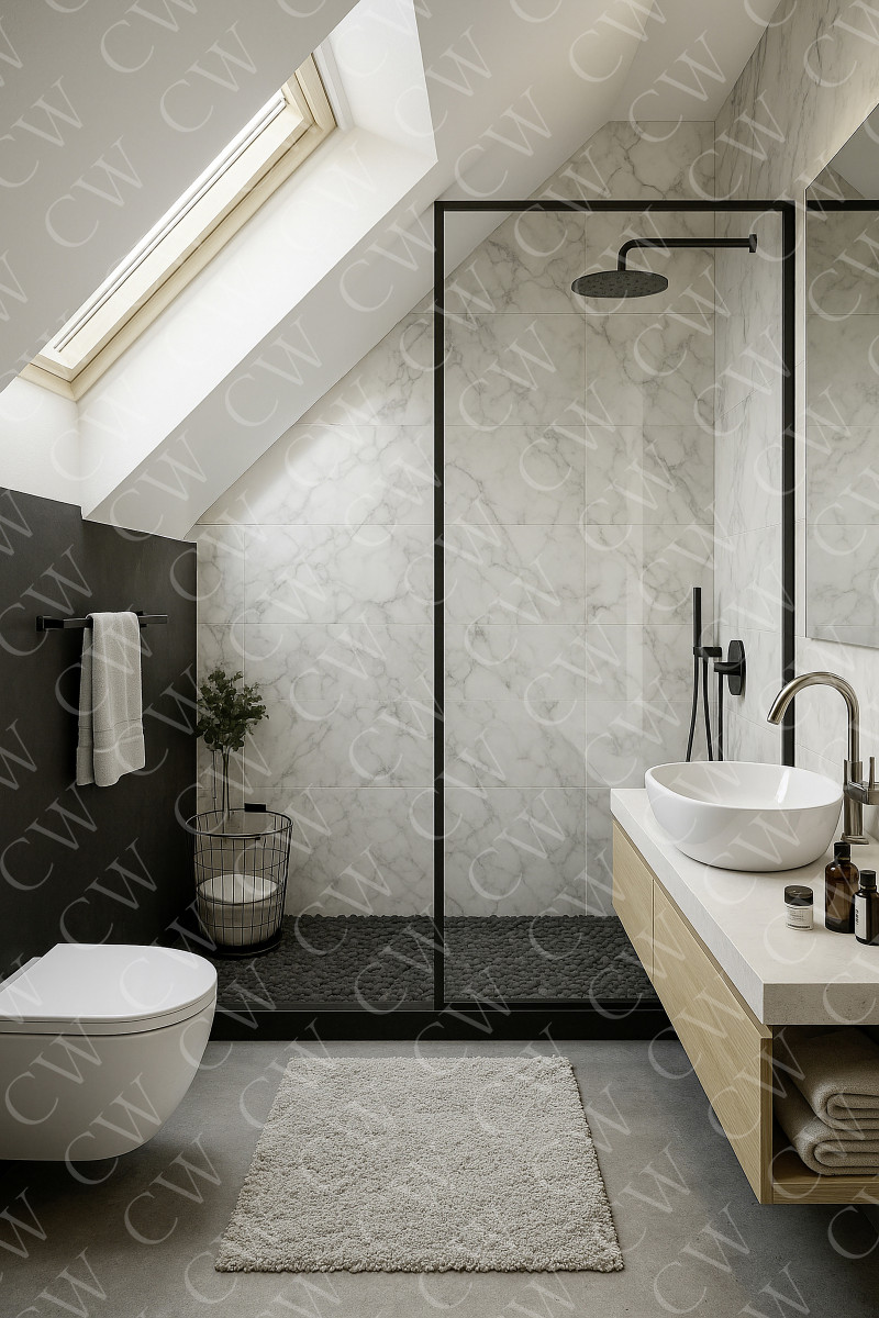 Helles Badezimmer mit Dachfenster, Marmorfliesen, bodengleicher Dusche und modernem Waschbecken.