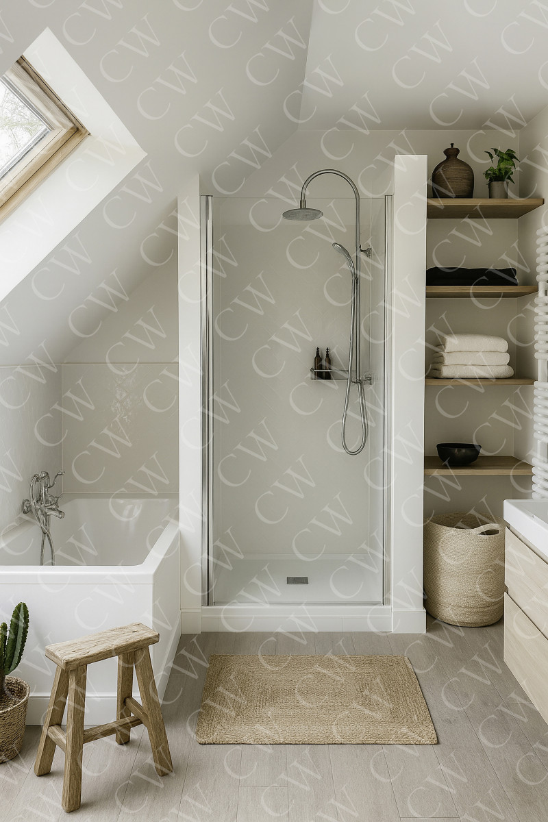 Helles Badezimmer mit Dusche, Badewanne, Holzregalen und Dachfenster.