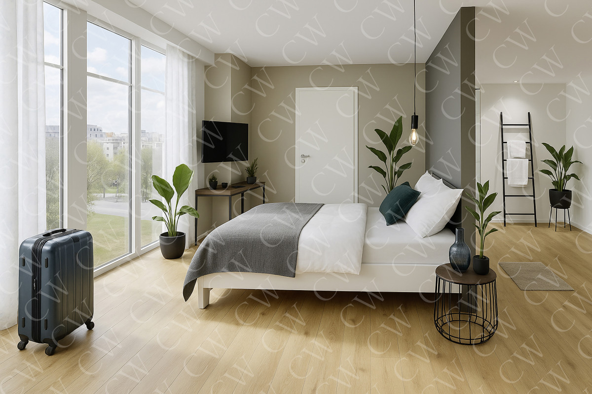 Modern eingerichtetes Schlafzimmer mit großem Bett, Pflanzen und viel Tageslicht