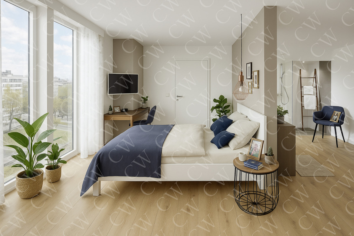 Helles, modernes Schlafzimmer mit großen Fenstern, Holzboden, Bett und Schreibtisch.