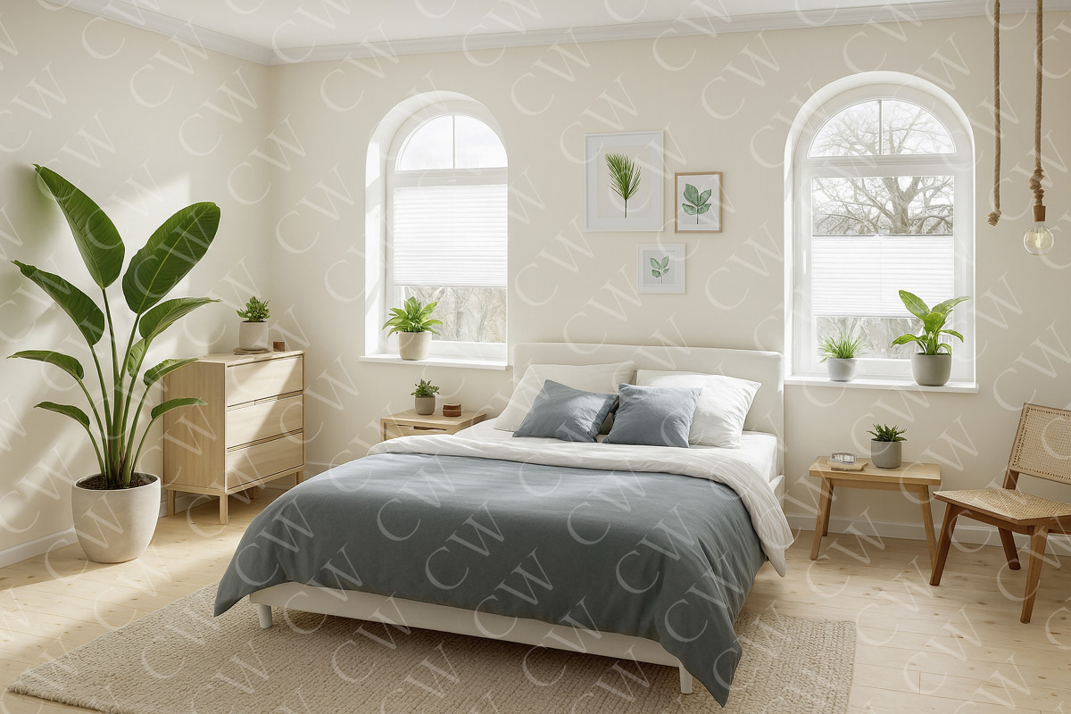 Helles, modernes Schlafzimmer mit Pflanzen, Holzmöbeln und großen Fenstern.