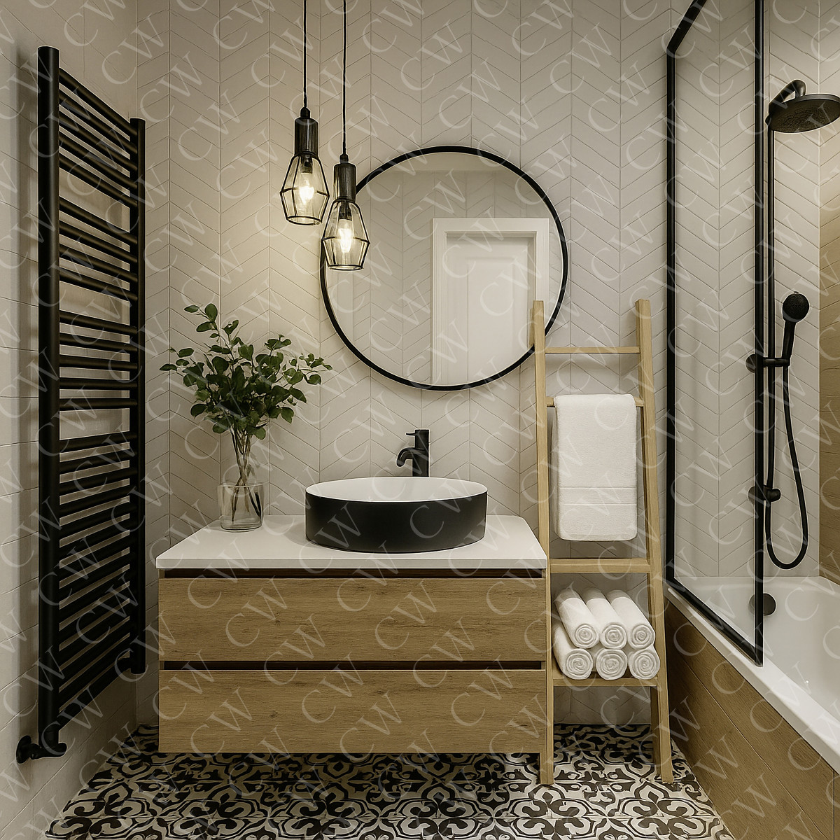 Modernes Badezimmer mit Holzwaschtisch, rundem Spiegel, schwarzen Armaturen und dekorativen Fliesen.