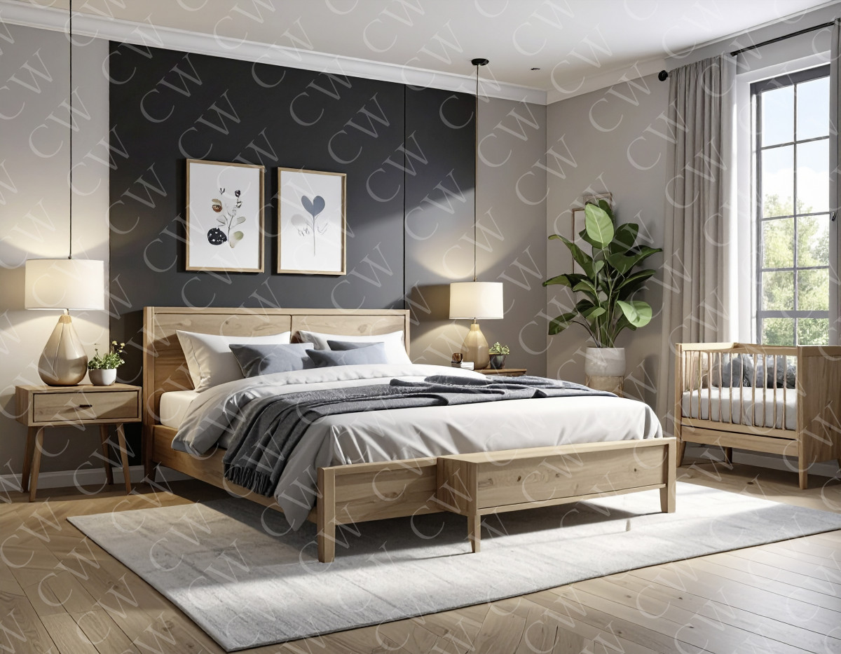 Helles, modernes Schlafzimmer mit Holzbett, Nachttischen, Babybett und großen Fenstern.