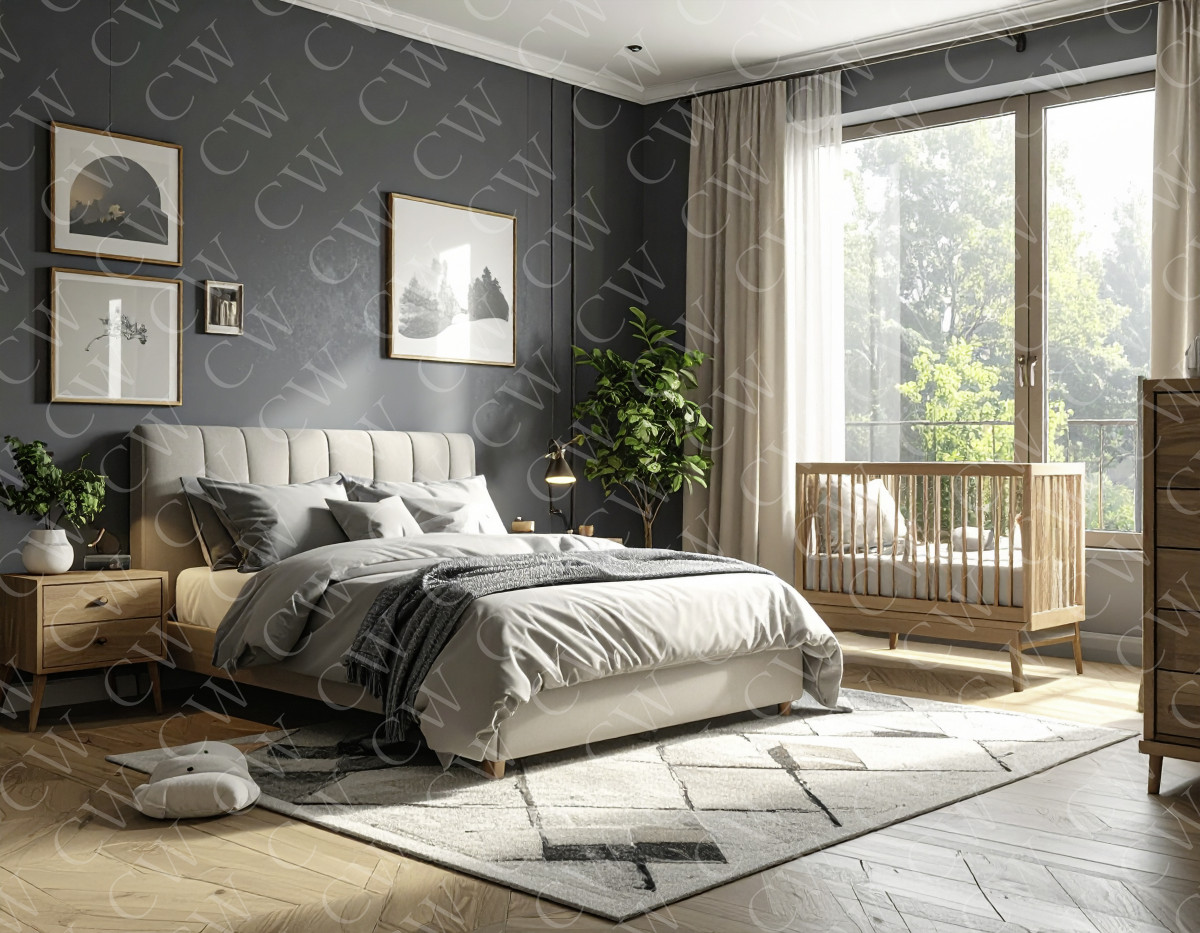 Modern eingerichtetes Schlafzimmer mit grauer Wand, Doppelbett und Babybett am Fenster.