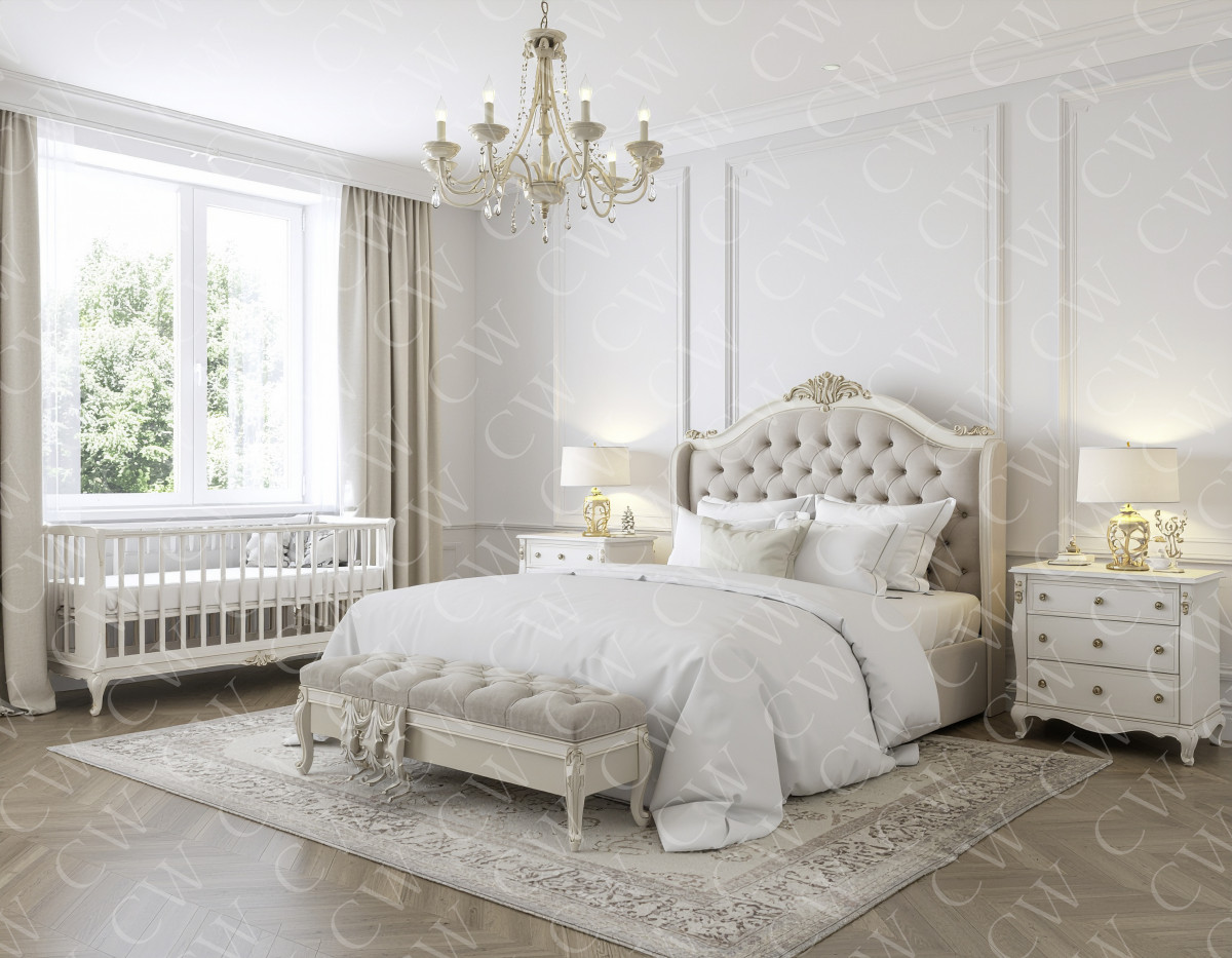 Helles, klassisch eingerichtetes Schlafzimmer mit Doppelbett, Babybett und Kronleuchter