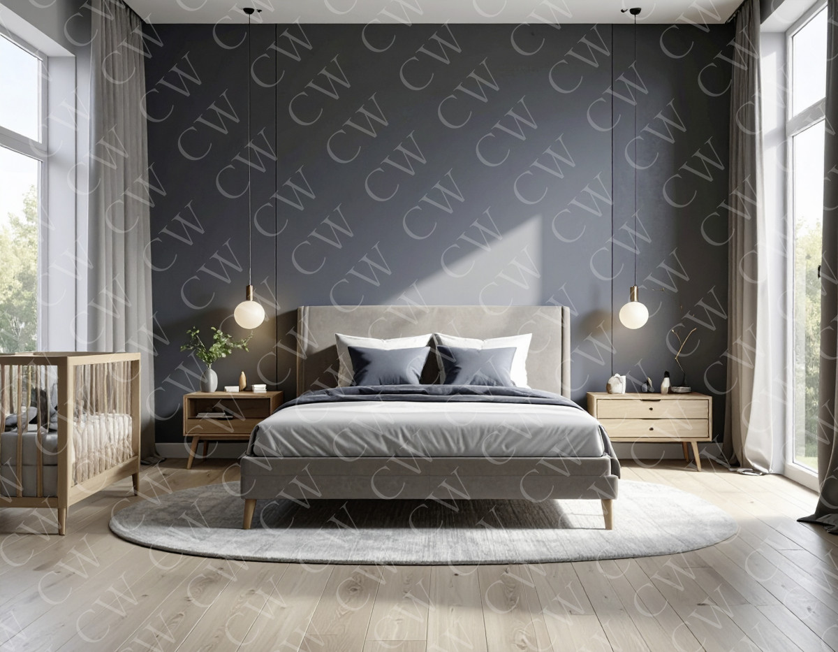 Modern eingerichtetes Schlafzimmer mit Doppelbett, Babybett und großen Fenstern.