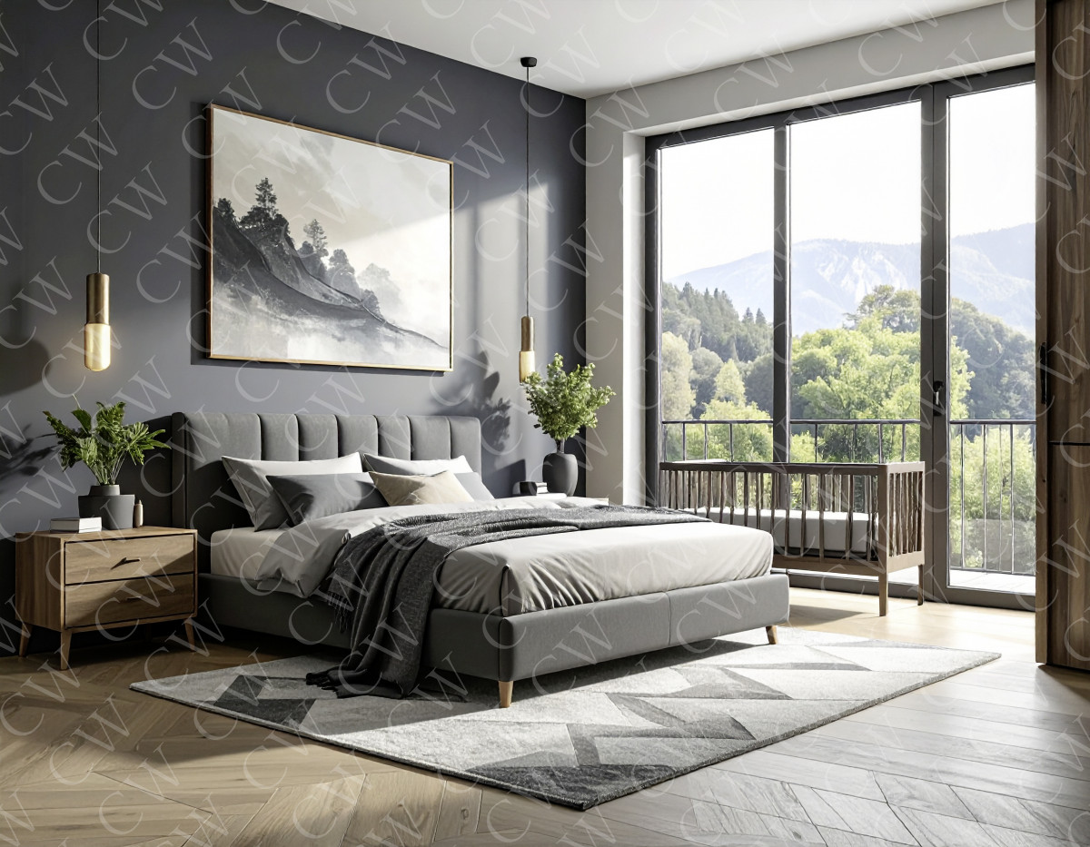 Helles Schlafzimmer mit großem Bett, modernem Design und Panoramafenster mit Blick auf Berge und Bäume.