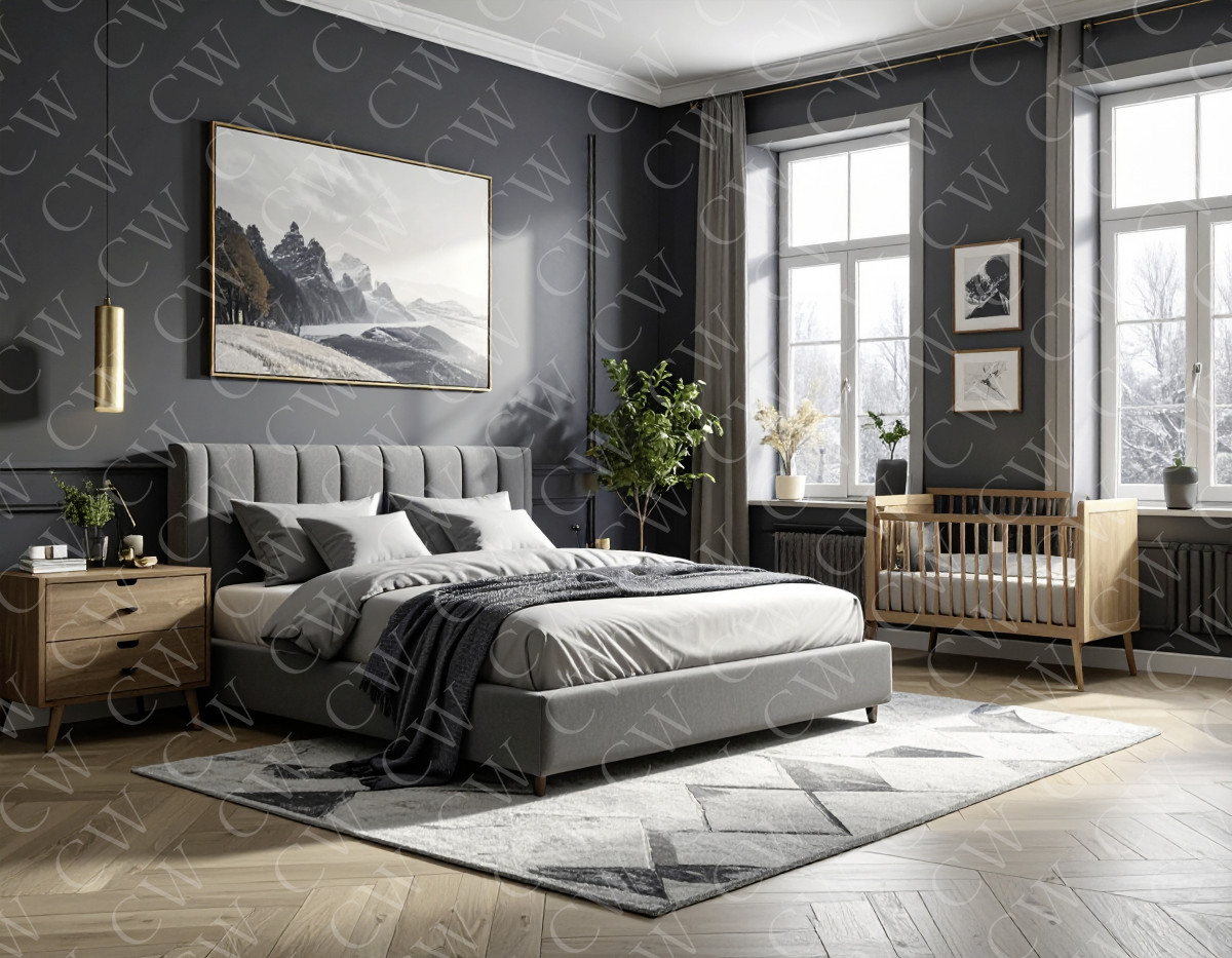Modern eingerichtetes Schlafzimmer mit grauem Bett, Babybett, Holzmöbeln und großen Fenstern.