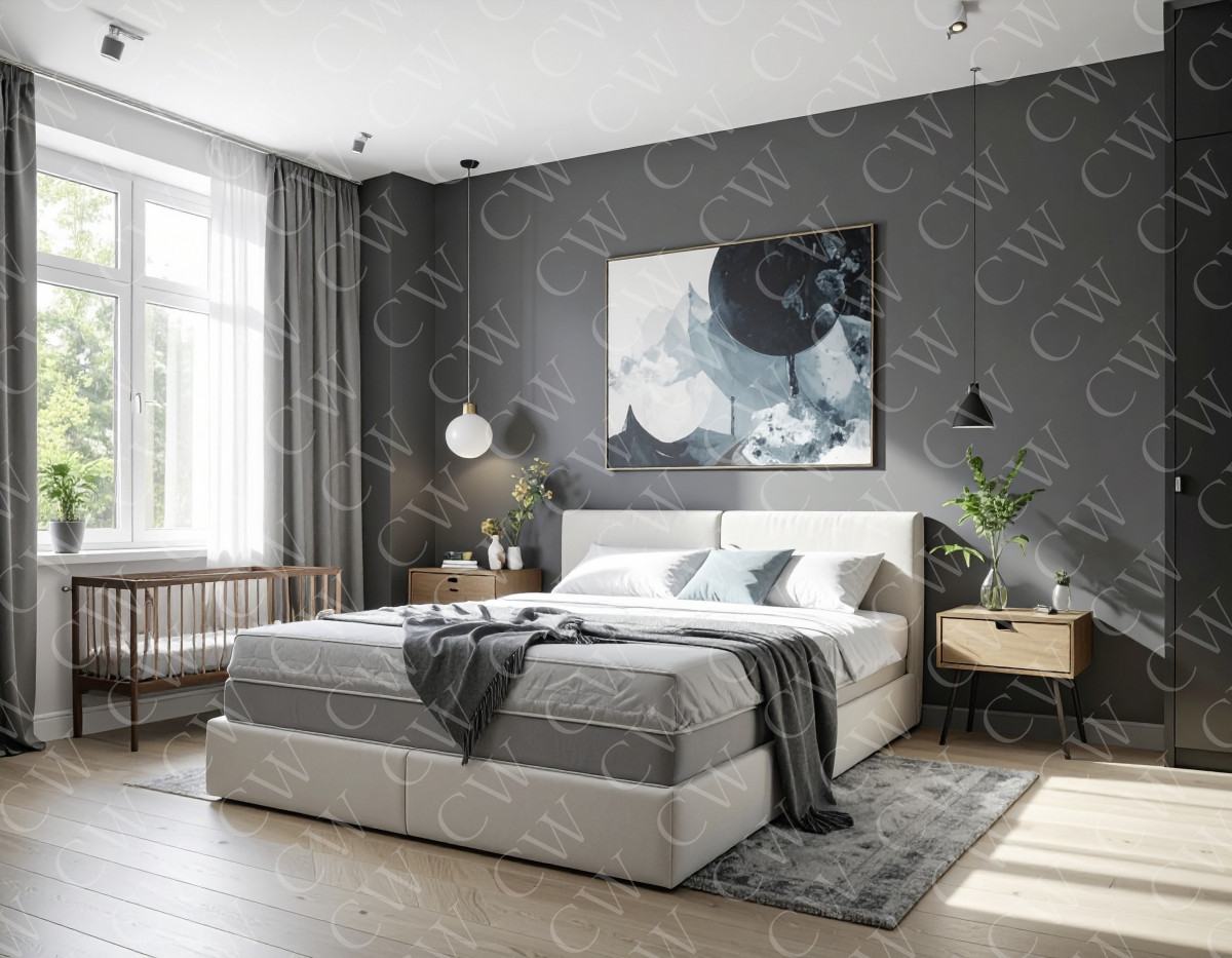 Helles Schlafzimmer mit großem Boxspringbett, dunkler Wand und abstraktem Wandbild.