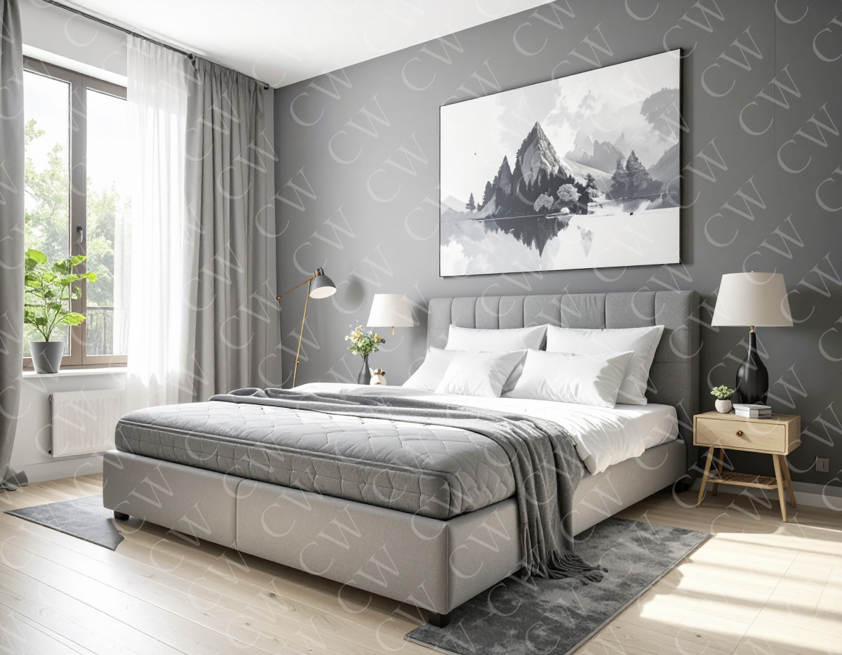 Helles Schlafzimmer mit grauem Bett, Nachttischen, Pflanzen und großem Wandbild