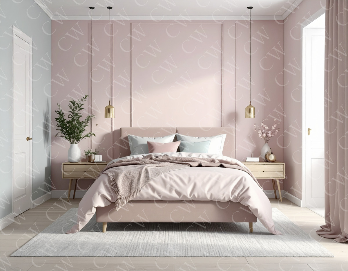 Helles Schlafzimmer mit rosa Wänden, Doppelbett und minimalistischer Einrichtung.