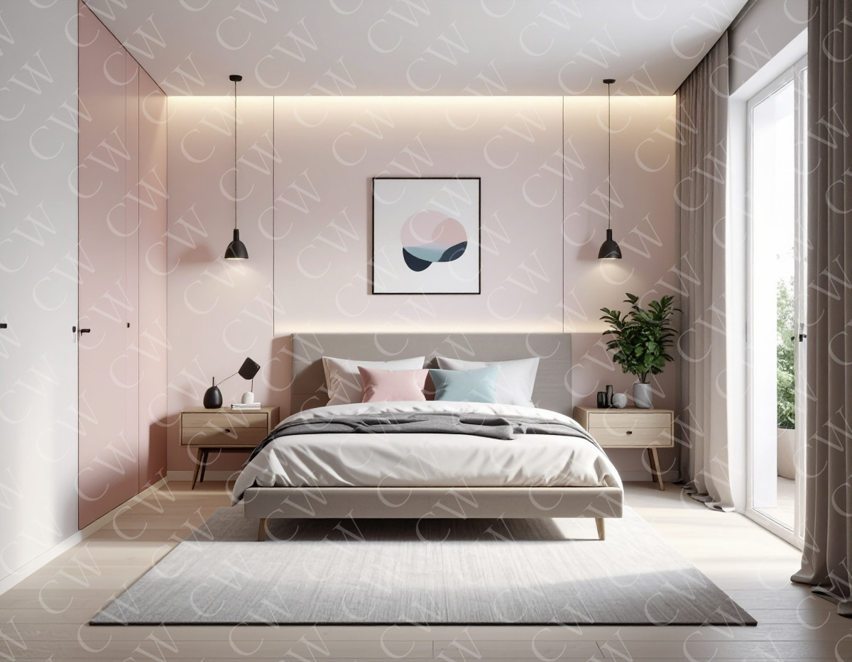Modern eingerichtetes Schlafzimmer mit pastellrosa Wänden, großem Bett und minimalistischer Deko.