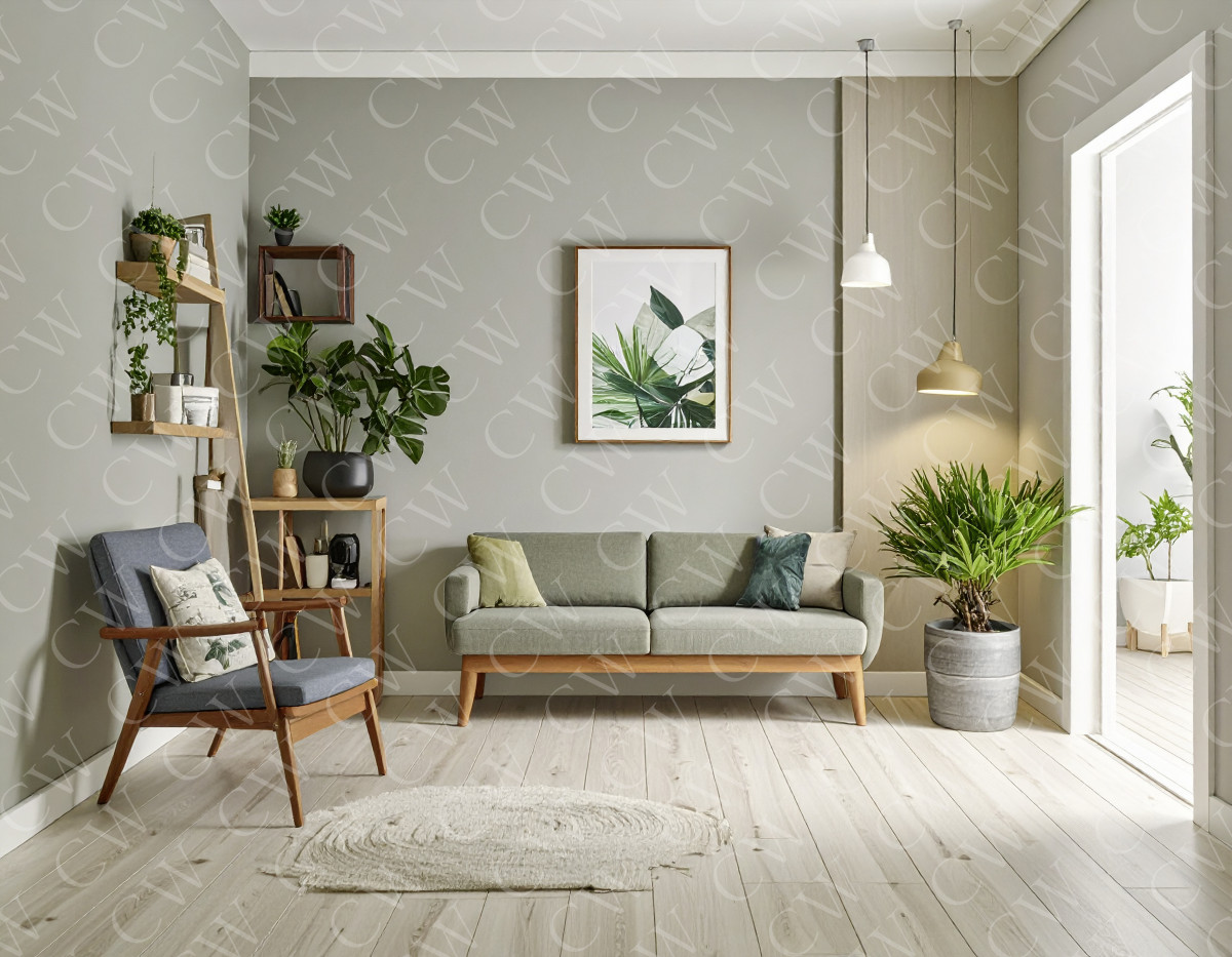 Helles Wohnzimmer mit grauem Sofa, Sessel, vielen Pflanzen und Holzmöbeln