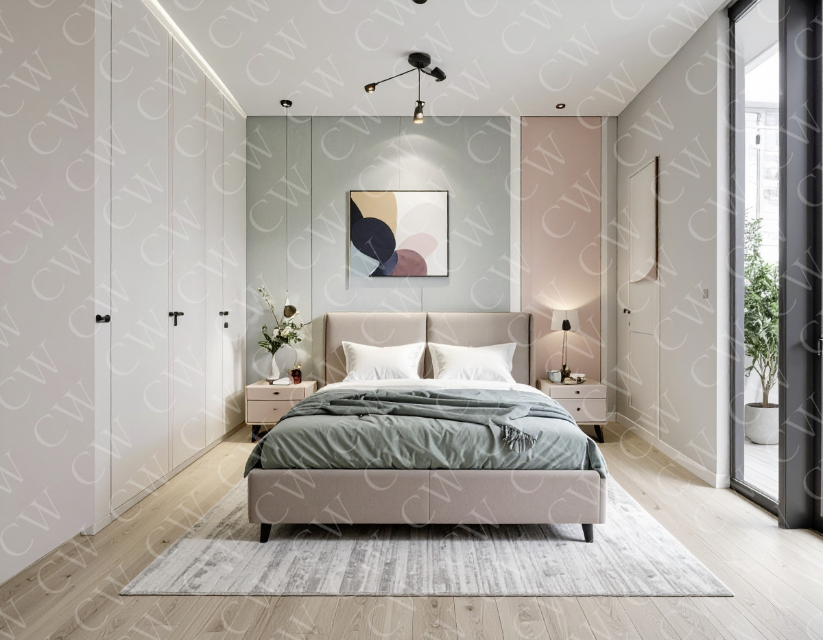 Helles, modern eingerichtetes Schlafzimmer mit großem Bett und stilvoller Dekoration.