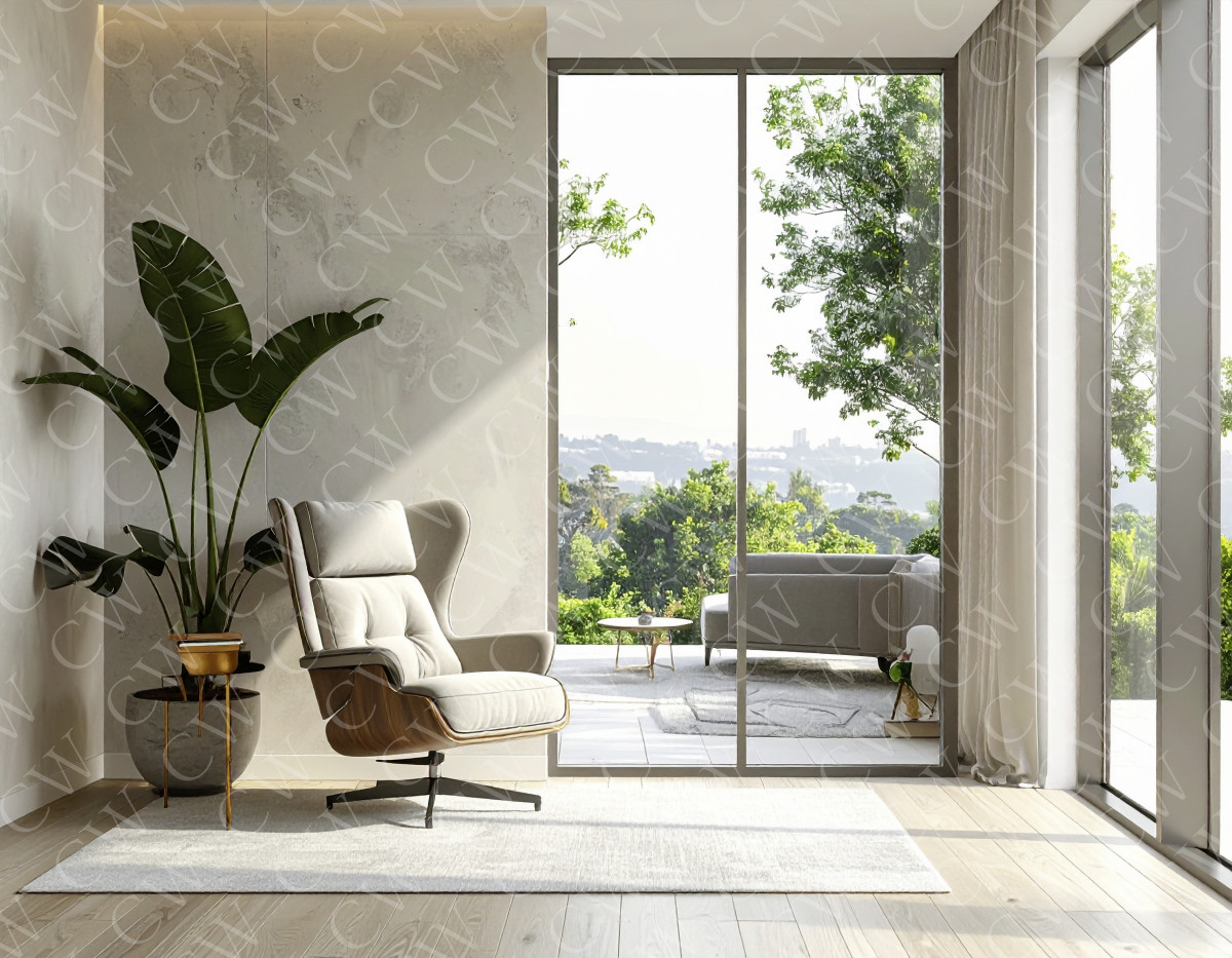 Helles Wohnzimmer mit modernem Sessel, großer Pflanze und Blick auf Terrasse und Natur.