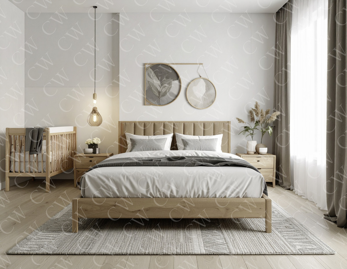 Gemütliches Schlafzimmer mit Holz-Doppelbett, Babybett, Nachttisch und großen Fenstern.