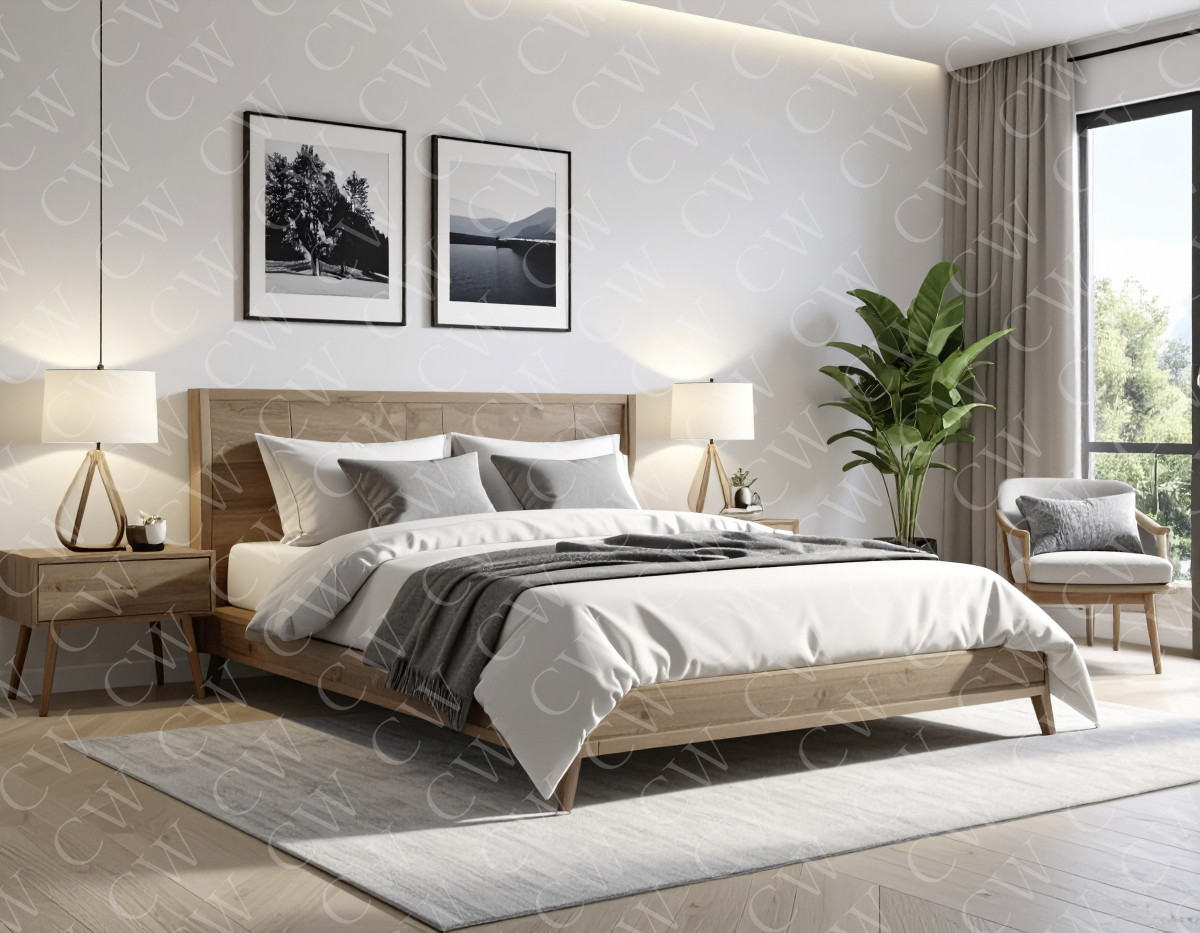 Helles, modern eingerichtetes Schlafzimmer mit Holzbett, großen Fenstern und Pflanzen.