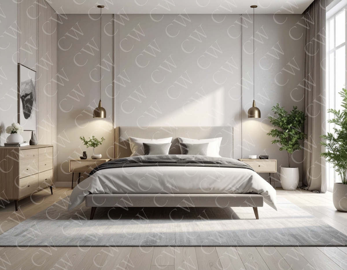 Helles, modernes Schlafzimmer mit Doppelbett, Holzmöbeln und großen Pflanzen am Fenster.