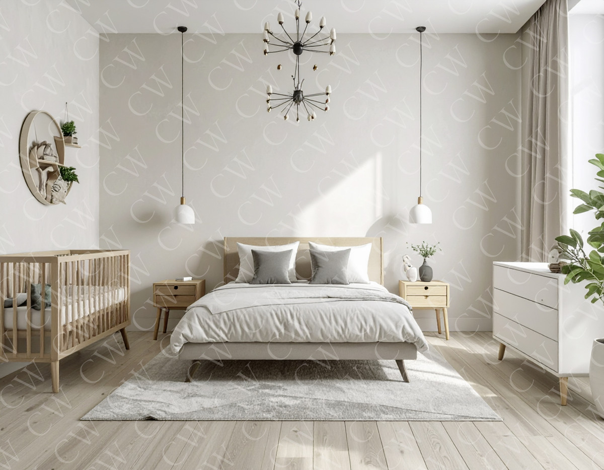 Helles Schlafzimmer mit Doppelbett, Babybett, minimalistischer Einrichtung und Pflanze am Fenster.