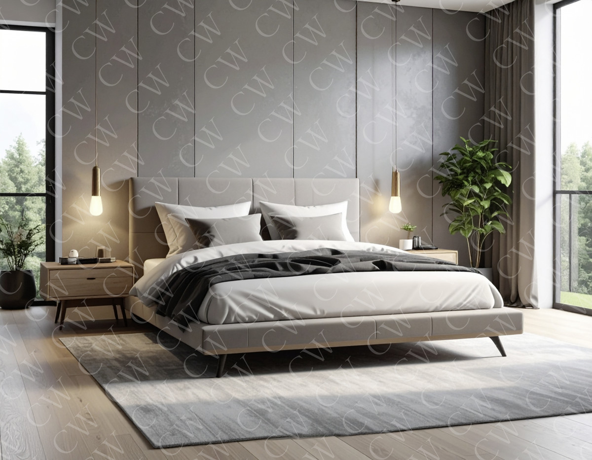 Modern eingerichtetes Schlafzimmer mit grauer Wand, großem Bett, Nachttischen und großen Fenstern.