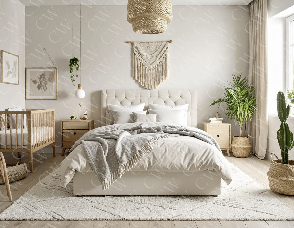 Helles Schlafzimmer mit Doppelbett, Babybett, Pflanzen und skandinavischer Einrichtung.